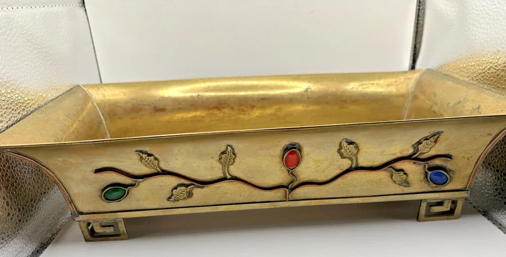 Brass Asian Rectangle Jardiniere Planter Four Footed Embellishments Leaves China